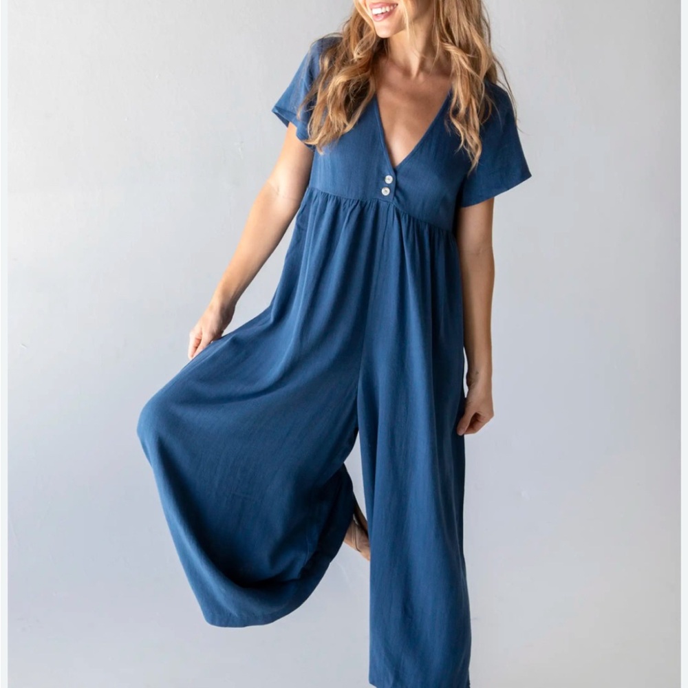 NATURAL LIFE Deep Blue V-Neck Wide-Leg Jumpsuit